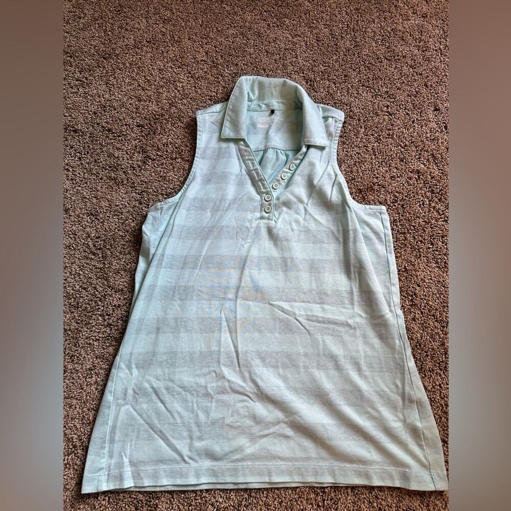 Nike Golf Sport Dri-FIT Aqua Blue Grey Stripe Sleeveless Polo Tank Wonens XL